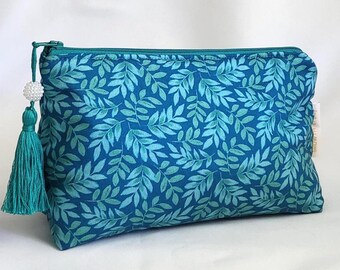 Neceser botánico color turquesa, estuche cosmético de algodón hecho a mano, organizador de artículos de aseo de viaje, regalo para ella.