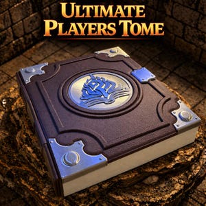 May include: A dark brown book titled Ultimate Players Tome with a textured cover, silver metal corner protectors, and a central circular silver emblem featuring a blue flame-like design. The book has a thick spine and white pages.