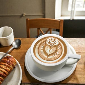 Puede incluir: Una taza y un platillo de café de cerámica blanca con arte latte con un diseño floral. Un cruasán está sobre un plato blanco junto a una cuchara y una taza blanca pequeña. Los artículos están sobre una mesa de madera.