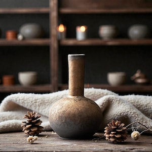 May include: A handcrafted, round-bodied vase with a long neck, featuring a gradient of colours from dark grey to bronze. The vase sits on a wooden surface with pine cones and a white, textured blanket. The background includes wooden shelves with decorative items.