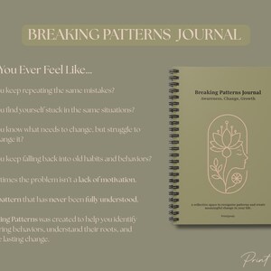 Peut inclure: Un journal à reliure spirale avec une couverture vert olive portant le texte Breaking Patterns Journal Awareness, Change, Growth et une illustration au trait d'un profil et d'une fleur. Le texte à gauche liste des questions sur les habitudes.