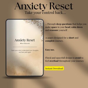 Peut inclure: Un cahier de travail "Anxiété Reset" avec un design floral. La couverture présente le titre "Anxiété Reset Workbook" et le texte "Calmez votre esprit, comprenez vos pensées et sentez-vous en sécurité." Le texte "Téléchargement instantané" est également inclus.