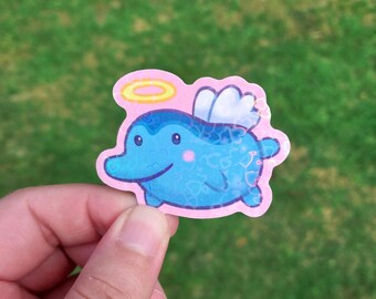 Flying tamagotchi holographic hearts sticker