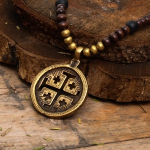 Jerusalem cross Pendant Beaded Necklace Wooden Brown Black Glass Brass Beads