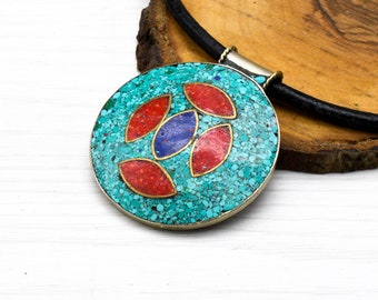 Boho jewelry necklace ,Tibetan pendant ,ethnic ,Hippie , craft ,turquoise ,coral ,mosaic