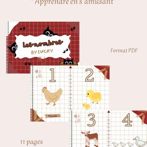 Peut inclure: Livre PDF éducatif intitulé "Les nombres par Lucky" avec le slogan "Apprendre en s'amusant". La couverture présente un motif de grille rouge avec des illustrations de chats noirs. À l'intérieur, les chiffres 1 à 4 sont affichés avec des illustrations d'animaux.