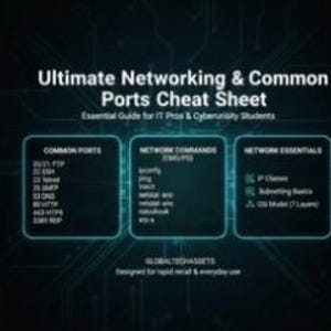 Könnte beinhalten: Ein schwarz-weißes Cheat Sheet mit dem Titel "Ultimate Networking & Common Ports Cheat Sheet". Das Sheet ist für IT-Profis und Cybersicherheitsstudenten konzipiert. Es enthält Listen mit gängigen Ports, Netzwerkbefehlen und Netzwerkgrundlagen.