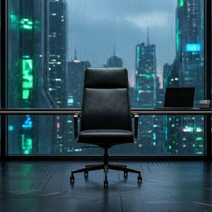 May include: A black leather office chair with a high back and armrests is positioned in front of a large window. A laptop and a small white object are on the desk. The background shows a futuristic cityscape with green and blue lights.