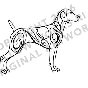 May include: Black and white line art illustration of a dog in a standing pose. The dog's body is decorated with swirling patterns. The image is a graphic design, likely for a print or digital product.