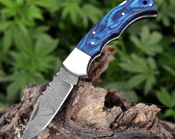 Navaja de bolsillo plegable de acero de Damasco hecha a mano, perfecta para la caza, con mango de madera. Regalo ideal para el Día del Padre, cumpleaños o aniversario de bodas.