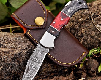 Handmade Pocket Knife  Damascus folding hunting knife in Wood Handle fathers day gift Birthday gift for him wedding Anniversary gift