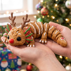 Ajolote reno navideño STL y 3MF / Ajolote de jengibre articulado y flexible para impresión 3D / Juguete antiestrés navideño / Lindos regalos de animales flexibles