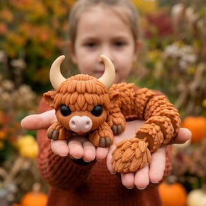 Może przedstawiać: Brązowa, ruchoma figurka krowy rasy Highland o teksturowanym, kudłatym wyglądzie, z dwoma gładkimi rogami w kolorze kremowym i dużymi czarnymi oczami. Zabawka posiada segmentowy, elastyczny korpus, który wygina się, kończąc się szczegółowym ogonem.