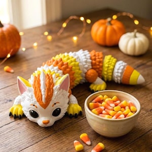 May include: A multi-segmented articulated creature figurine featuring a white, orange, and yellow color scheme resembling candy corn. The creature has large black eyes, pointed ears, and a textured, spiky body. A small bowl filled with candy corn sits nearby.