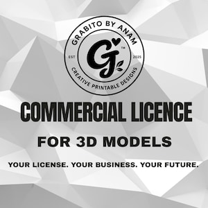 May include: A digital commercial license document for 3D models featuring the Grabito by Anam logo at the top. The text reads Commercial Licence for 3D models, followed by the tagline Your license. Your business. Your future. on a white geometric background.