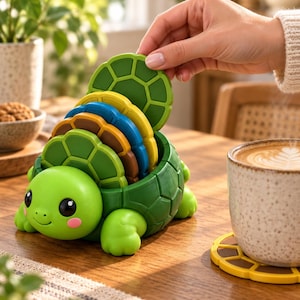 May include: A turtle-shaped coaster holder with a bright green head and shell base. It contains a stack of circular coasters featuring a turtle shell pattern in green, yellow, blue, and brown. One yellow coaster sits separately under a ceramic mug.