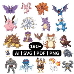 May include: A collection of colorful cartoon illustrations of various creatures. The image includes a variety of designs, including a butterfly, a fox-like creature, and a bat. The text "190+" is displayed, along with file type options: AI | SVG | PDF | PNG.