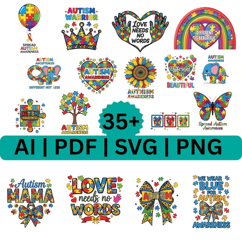 Autism Awareness SVG Bundle 35+ Puzzle Designs, Neurodiversity PNG ...