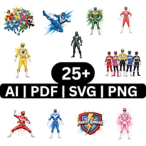 Paquete de más de 25 archivos SVG de Power Rangers, archivos de corte de superhéroes para Cricut Silhouette, diseños PNG, AI y PDF de Ranger, calcomanías para camisetas (descarga instantánea).