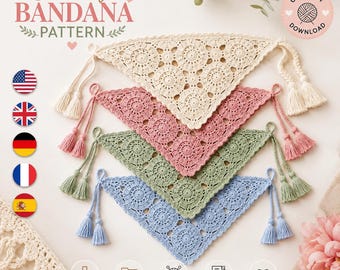 Crochet Bandana Pattern PDF, Triangle Headscarf, Boho Sunburst Wheels (Digital Download)