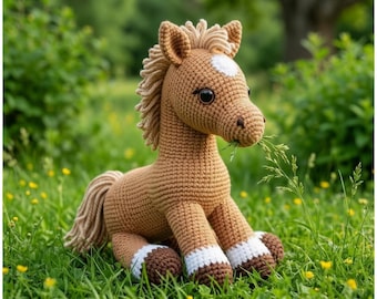 May include: A crocheted brown horse with a white spot on its forehead, sitting in green grass. The horse has a tan mane and tail, with white and brown hooves. It appears to be eating grass. The background is blurred with green foliage and yellow flowers.