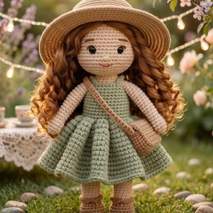 Virkad dockamönster PDF, Amigurumi dockamönster, Virkad flickadocka i salvia klänning, Enkel dockamönster DIY-virkningshandledning, Handgjord docka PDF