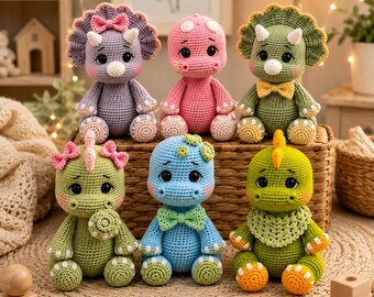 Crochet Dinosaur Pattern PDF Bundle, 6 Baby Dinos, T-Rex, Triceratops & Brachiosaurus Amigurumi Plushies, Stuffed Animals