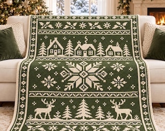 Mosaic Crochet Pattern, Christmas Village Blanket PDF, Overlay Mosaic Afghan with Snowflake & Deer