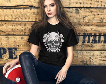 Floral Skull Unisex T-Shirt,Peony Skull Graphic Tee,Tattoo Inspired Shirt,Folk Art Skeleton Shirt,Gothic Floral T Shirt,Print on Demand Gift