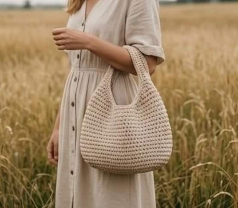 May include: A beige, crocheted handbag with a rounded shape and two handles. The bag is held by a person wearing a beige dress. The background is a field of wheat.