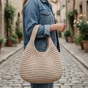 May include: A beige, hand-crocheted tote bag with a rounded shape and a single handle. The bag is made of thick yarn, creating a textured appearance. The bag is being held in an outdoor setting.