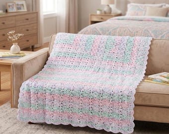 Crochet Baby Blanket Pattern PDF | Easy Shell Stitch Pastel | Striped Afghan with Scalloped Border