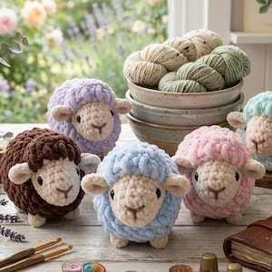 以下が含まれることがあります： 茶色、紫、青、ピンク、ティールなど、さまざまなパステルカラーの手作りの編み物羊のコレクション。 羊は、糸、かぎ針編みフック、その他の工芸品とともに木製の表面に配置されています。 背景には糸のボウルがあります。