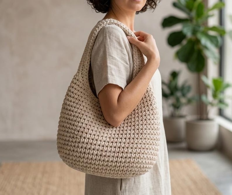 May include: A beige, crocheted shoulder bag with a rounded shape. The bag has a thick strap and a textured surface, showcasing the handmade quality. The bag is held by a person wearing a light-colored dress.