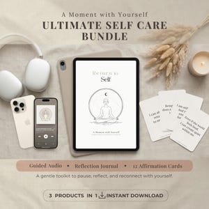 Paquete de autocuidado definitivo: diario digital, meditación guiada, 12 tarjetas de afirmación, kit de atención plena para la salud mental y el retorno a uno mismo.