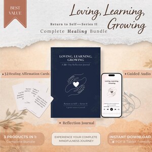 May include: Complete healing bundle with a navy blue journal, affirmation cards, and guided audio. The journal cover reads "Loving, Learning, Growing" with a heart symbol. The bundle includes a 30-day reflection journal and instant download.