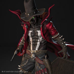 May include: A detailed figure of a character in a black cowboy hat with skull accents, a red coat, and black pants. The character has a skull belt, a gun, and a holster. The figure has a muscular physique and a white symbol on the chest.