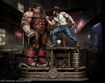 Wolverine vs Juggernaut Harz Diorama, X-Men Comic Kampf Figur, Handbemalte Option