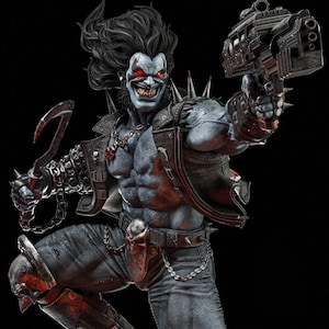 May include: A detailed statue of a muscular, grey-skinned character with red eyes, spiky hair, and a menacing grin. He wears a studded leather jacket, jeans, and carries a large gun and a hook. The figure is posed dynamically against a black background.