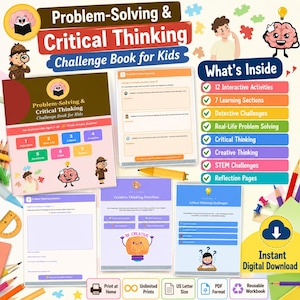 Peut inclure: Un livre de défis de résolution de problèmes et de pensée critique pour enfants avec sept sections : détective, vie réelle, critique, créative, décisions, STIM et réflexion. Inclut des pages d'activités interactives, un crayon jaune et des icônes de téléchargement.