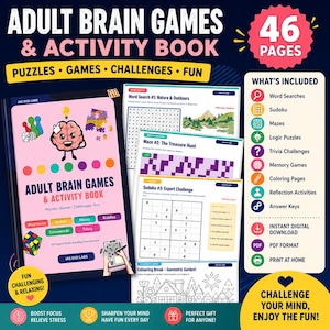 May include: An Adult Brain Games & Activity Book with 46 pages featuring puzzles, games, and challenges. The cover is pink with a cartoon brain, a Rubik's cube, and game pieces. Includes word searches, sudoku, mazes, logic puzzles, and trivia.
