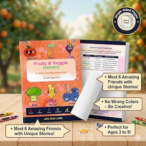 Op de afbeelding: Een kleurboek voor kinderen getiteld "Fruity & Veggie Friends" met illustraties van fruit en groenten. De omslag toont stripfiguren en de tekst "A Story Coloring Adventure!" en "For Kids Ages 3 to 9". Het boek is open.