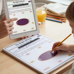 May include: An educational activity for children, featuring a tablet and a worksheet. The tablet shows "The Magic of Plurals" with instructions. The worksheet mirrors the tablet's content, with the child using a pencil to complete the task. The theme is learning about plurals.