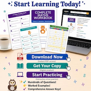 May include: A digital maths workbook set featuring a laptop displaying an Amazon product page, printed practice sheets with algebra and geometry problems, a times tables chart, and an orange cat illustration. Text includes Start Learning Today.