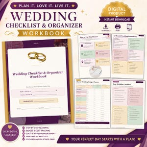 Può includere: Un quaderno digitale di controllo e organizzazione del matrimonio con anelli d'oro sulla copertina. Il quaderno include sezioni per la pianificazione, il monitoraggio del budget, la gestione degli ospiti, le scadenze e le liste di controllo. Il testo recita "Wedding Checklist & Organizer Workbook".