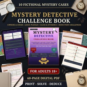 Peut inclure: Un livre de défis de détective mystère en format PDF numérique pour adultes de 18 ans et plus, comprenant 10 enquêtes fictives, des puzzles logiques, des codes et des preuves. Inclut une tablette, des feuilles de grille logique et des horloges.