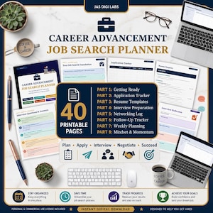 Puede incluir: Un planificador digital de búsqueda de empleo titulado Career Advancement Job Search Planner con 40 páginas imprimibles. Incluye secciones para seguimiento de solicitudes, plantillas de currículum y preparación de entrevistas.