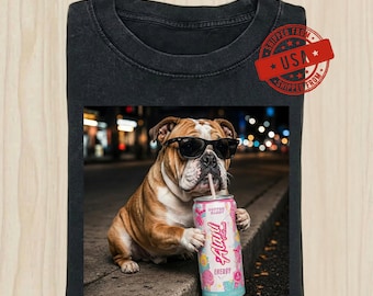 English Bulldog Dog PNG, Cool Sunglasses Energy Drink Clipart, Funny Bulldog Sublimation Digital Download PNG