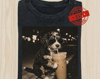 Bernedoodle Coffee PNG, Cute Dog Iced Coffee Clipart, Aesthetic Coffee Lover Puppy Sublimation, Digital Download PNG