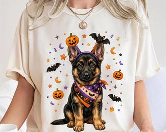 Deutscher Schäferhund Halloween PNG, Süßer gruseliger Hund PNG, Kürbisfledermaus-Welpe Shirt Design, Herbst Sublimation Digitaler Download